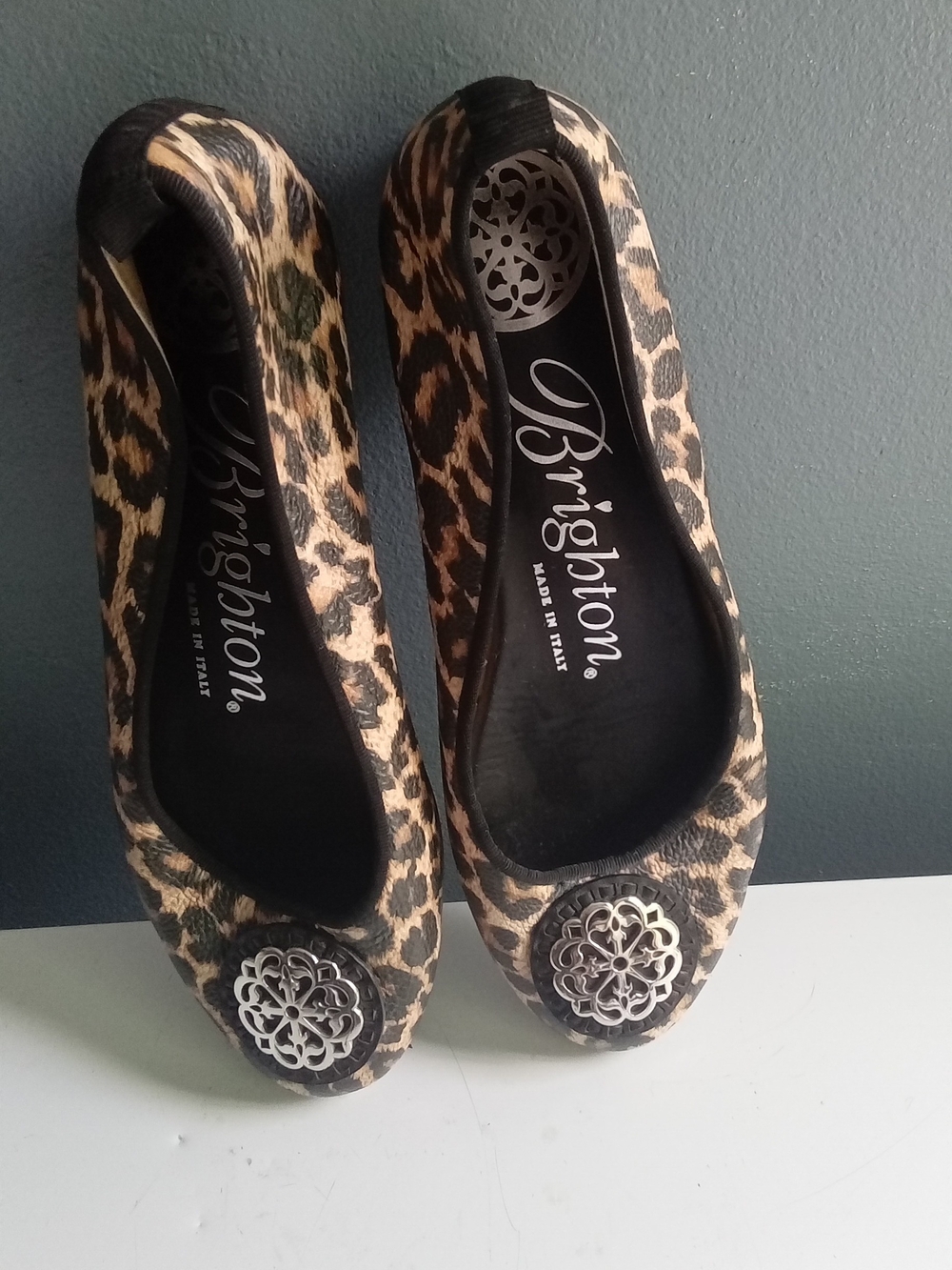 Brighton Aleta Leopard Print Leather Ballet Flats Silver Filigree Medallion 7.5M